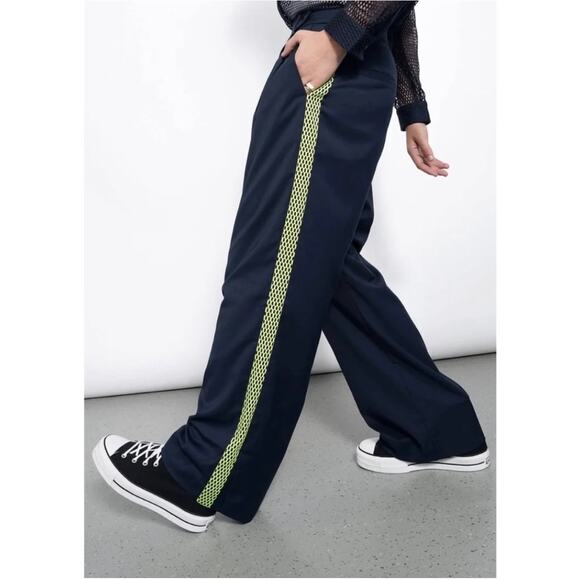 WILDFANG Empower Colorblock Mesh Stripe Wide Leg Trousers Pants Blue Neon 12 - Picture 1 of 6